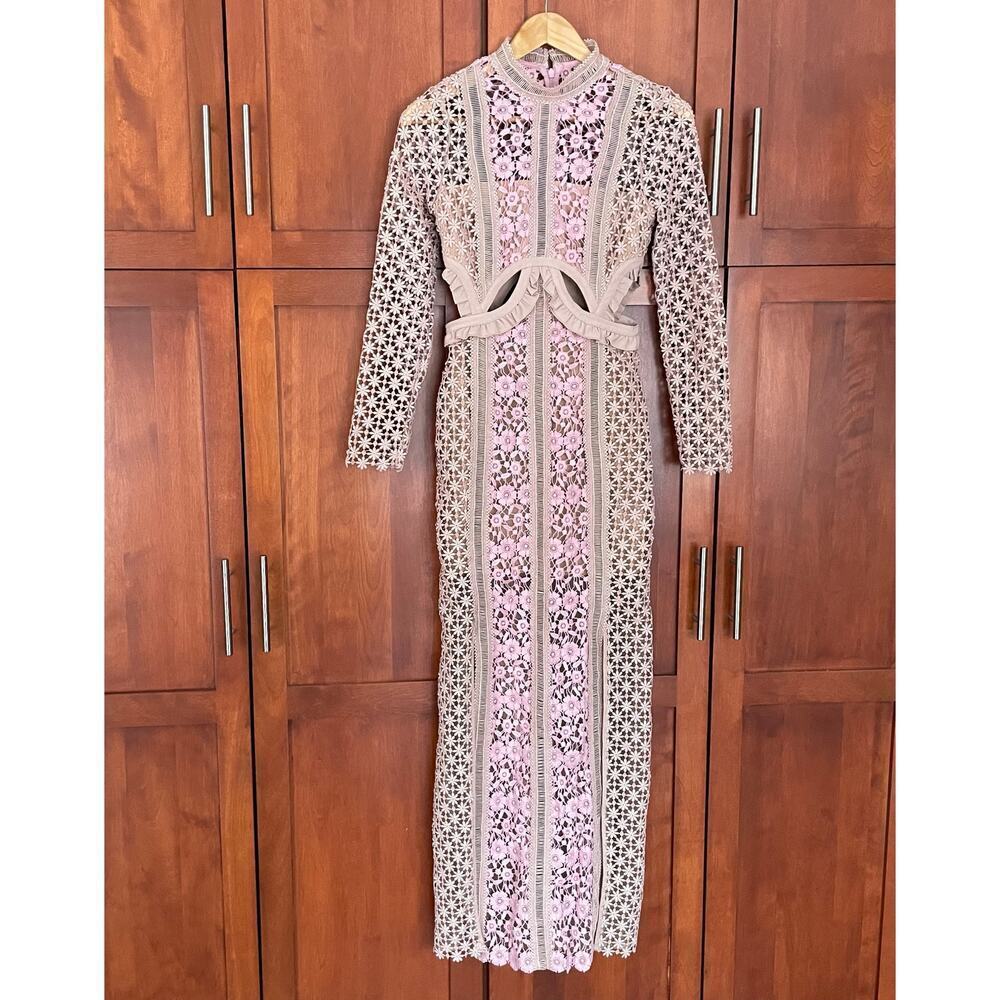 Self Portrait Payne Dress Maxi Floral Lace Cutout Long Sleeve Tan Pink Size 0 - Picture 4 of 13